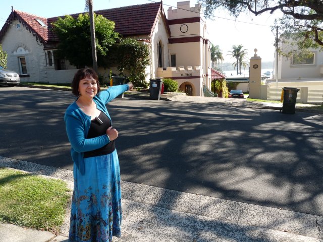 Karen Maber outside Ellesmere House, Sans Souci site of Ellesmere Blacks Camp, Kogarah Bay